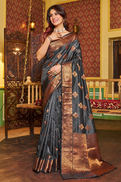 Charcoal Gray Kathan Silk Saree With Zari Weaving Work