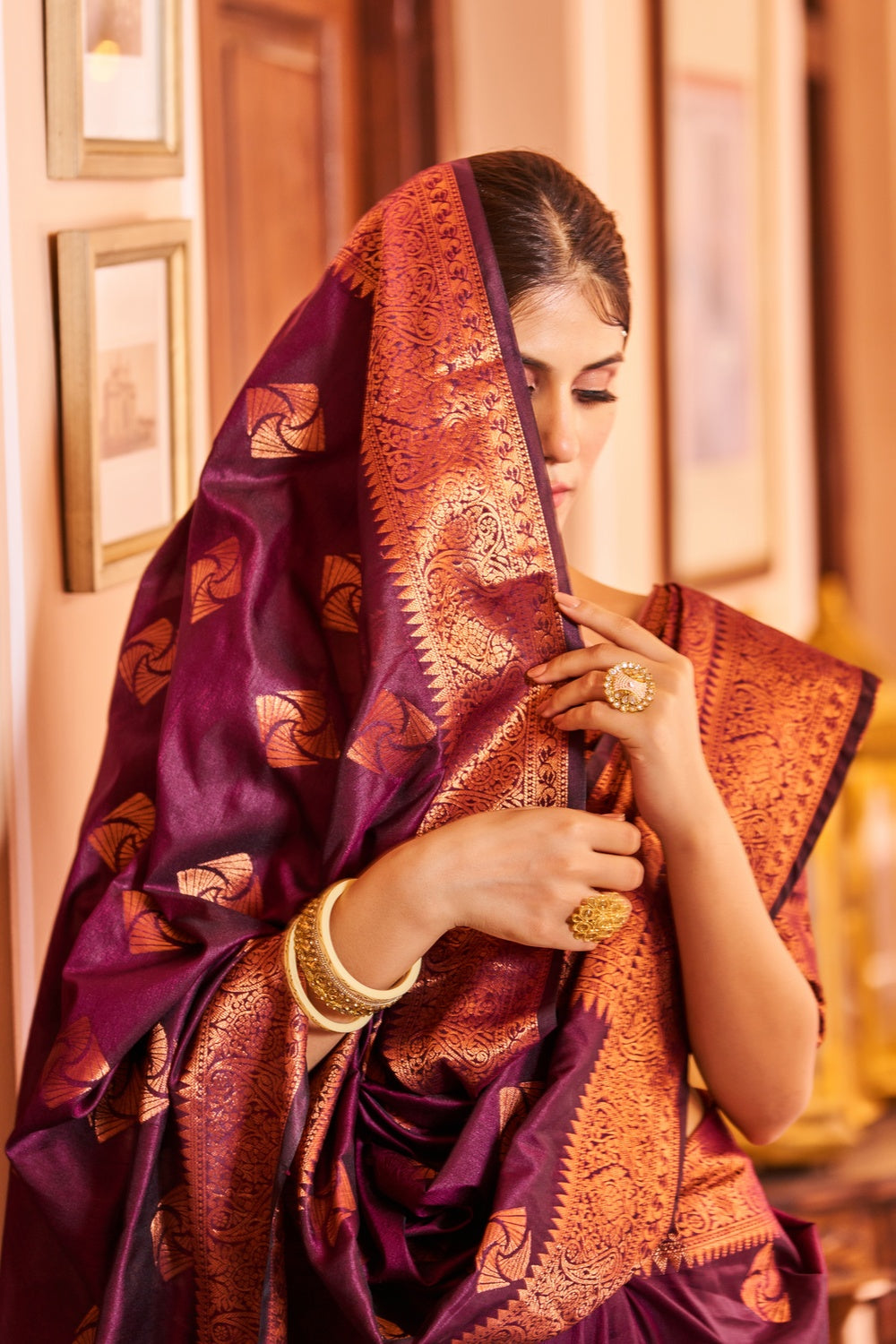 Magenta Kathan Silk Saree With Zari Weaving Work