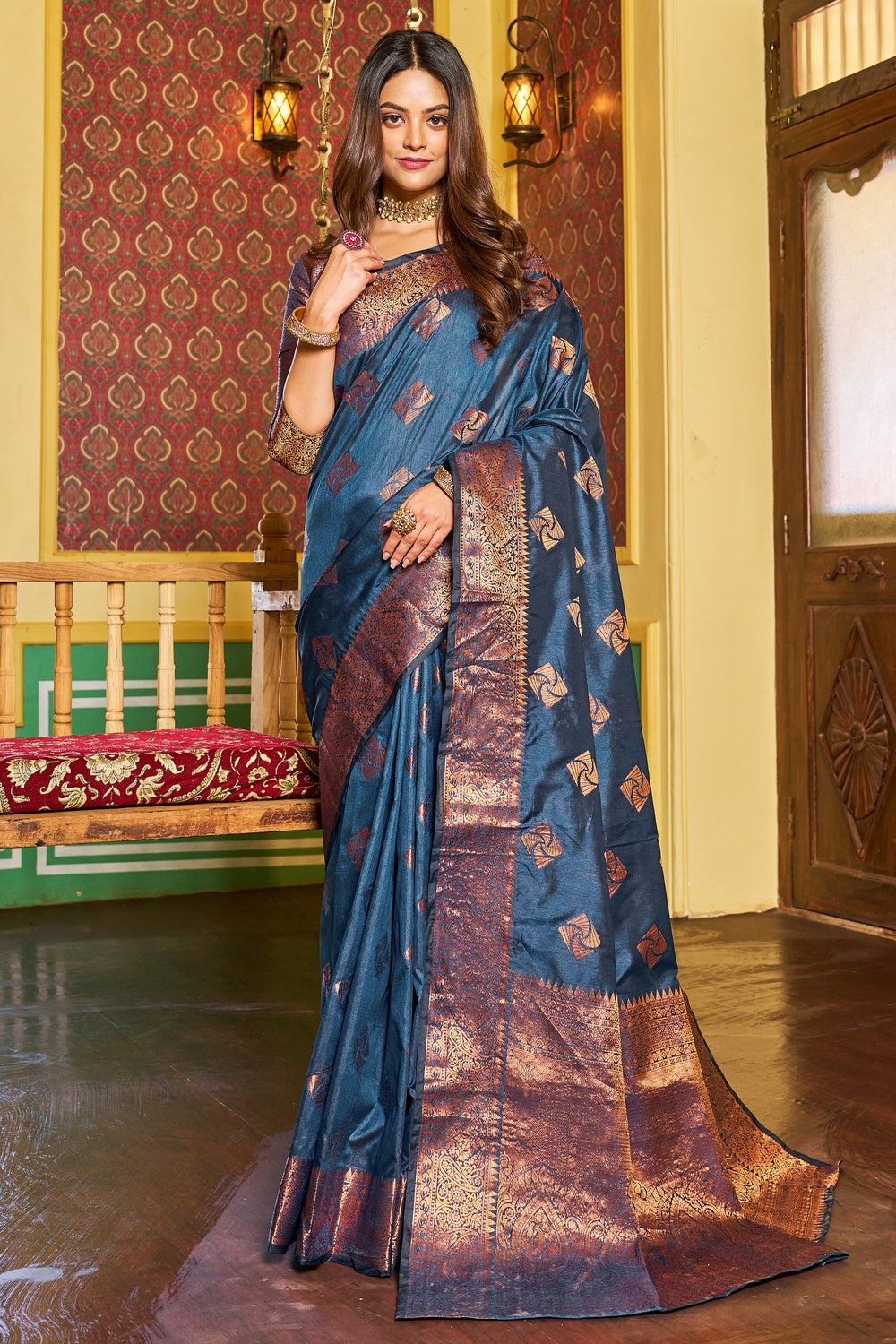 Dark Blue Kathan Silk Saree With Zari Weaving Work