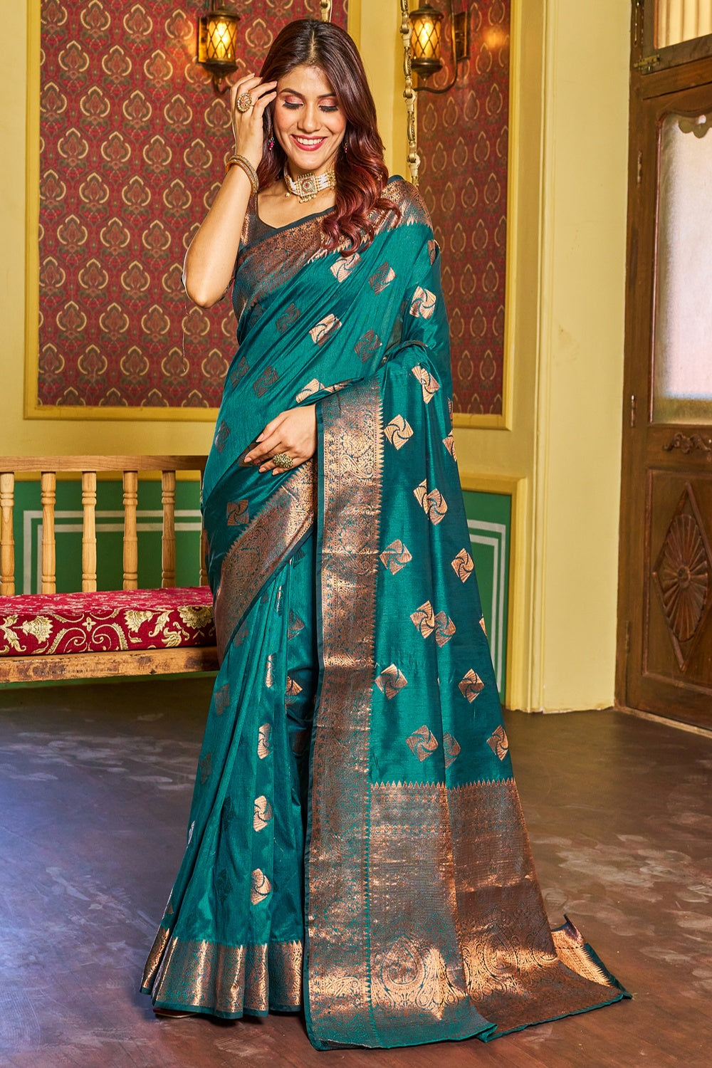 Rama Blue Kathan Silk Saree With Zari Weaving Work