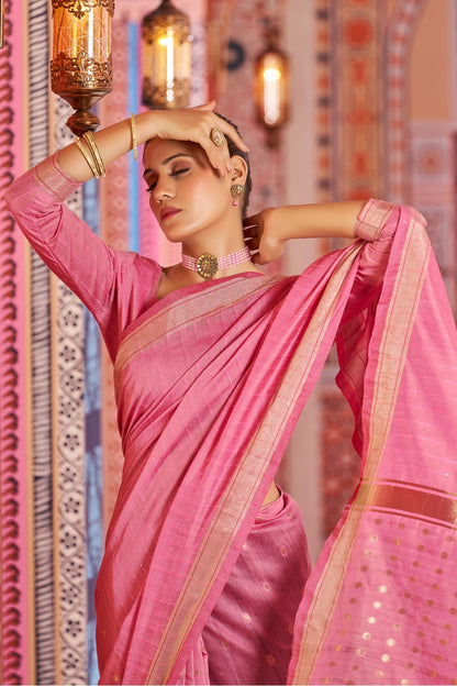 Pink Cotton Saree With Zari Weaving Work