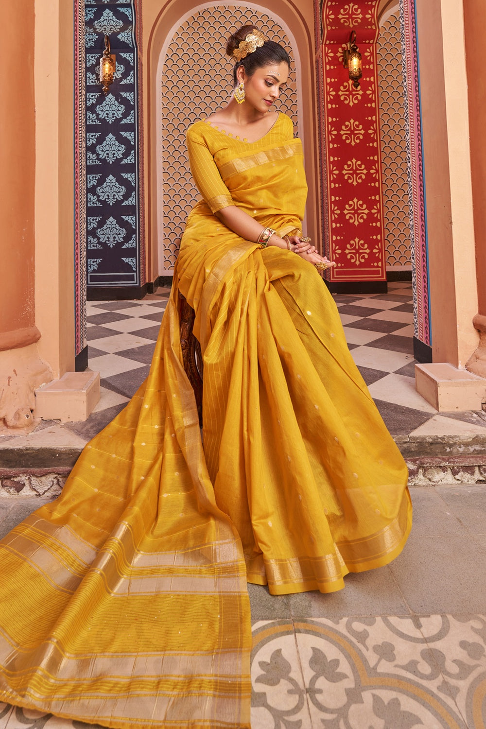 Yellow Cotton Saree With Zari Weaving Work