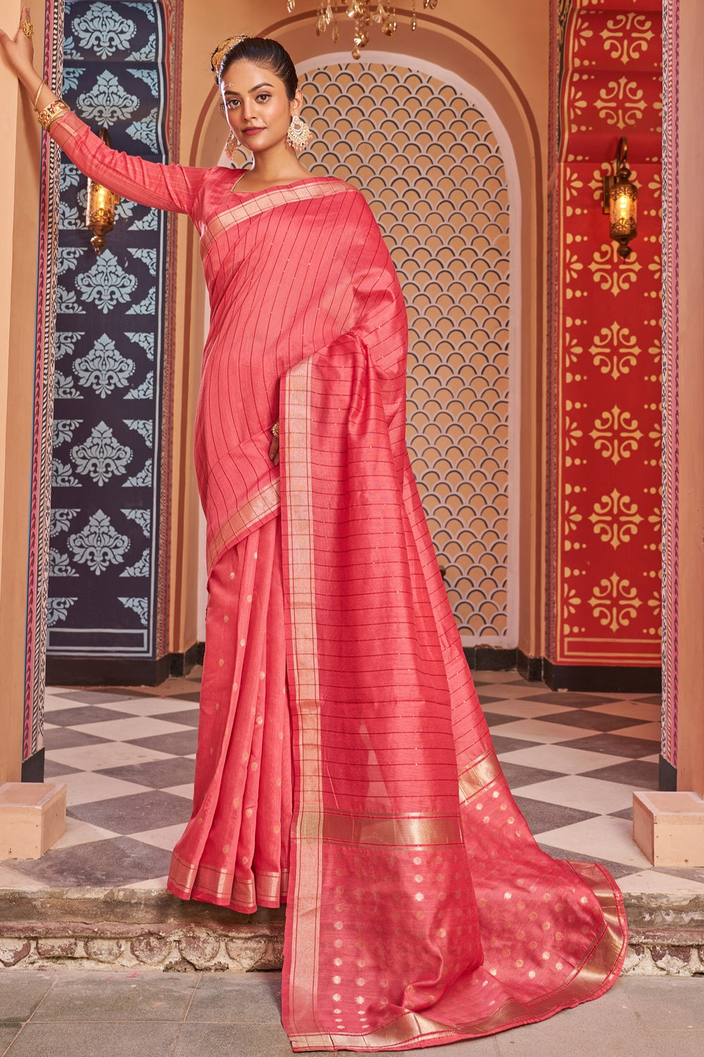 Brink Pink Cotton Saree With Zari Weaving Work