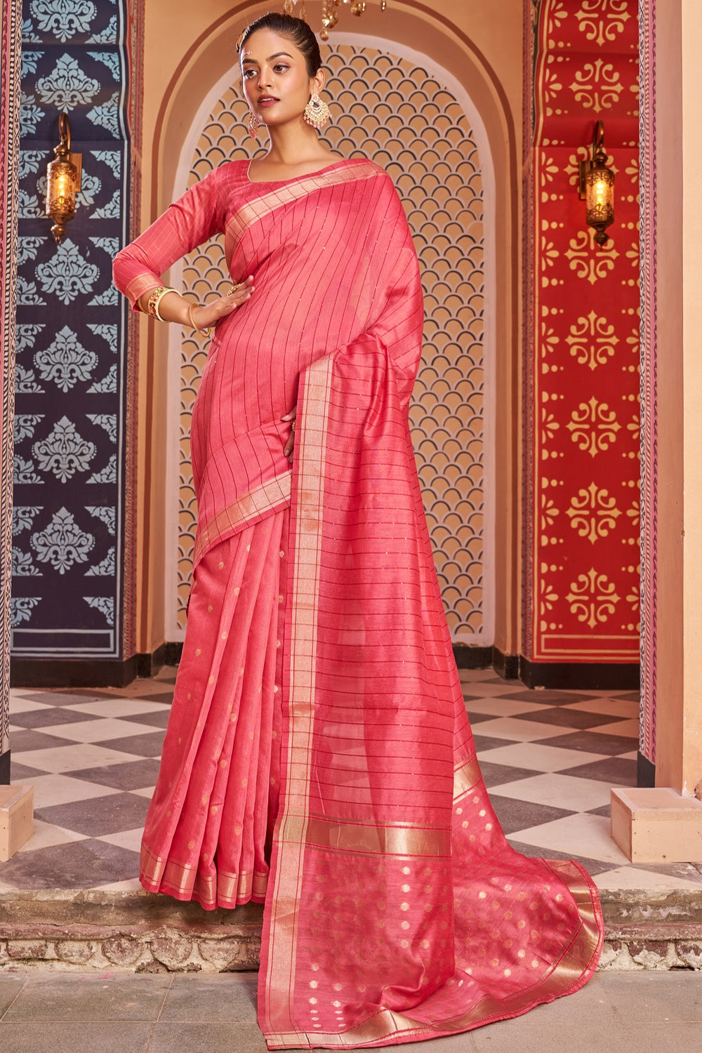 Brink Pink Cotton Saree With Zari Weaving Work