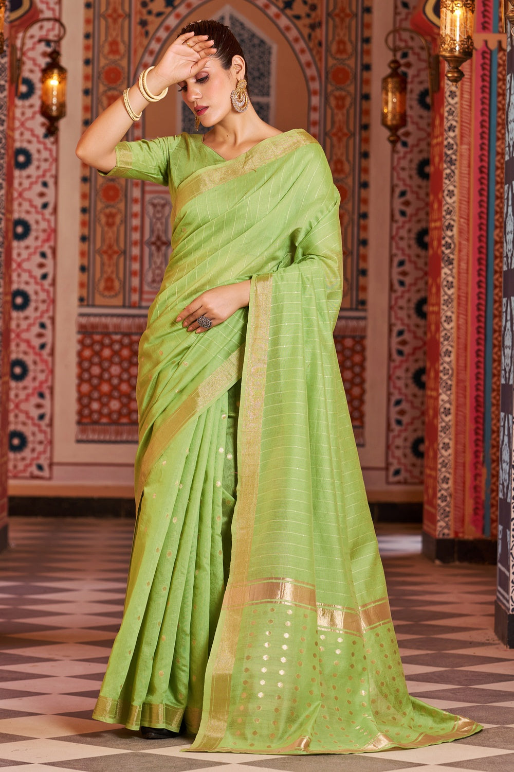Light Green Saree With Zari Weaving Work