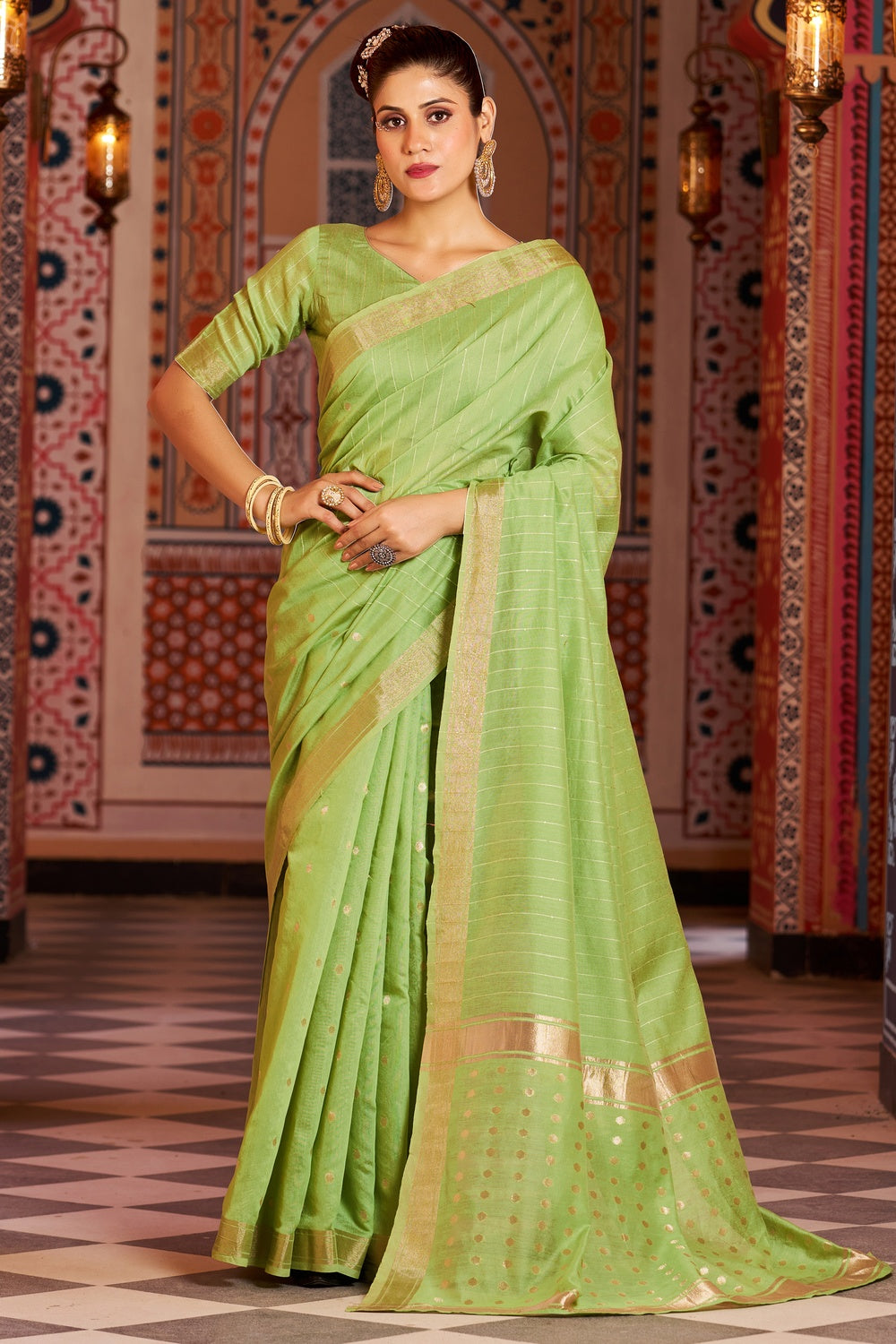 Light Green Saree With Zari Weaving Work