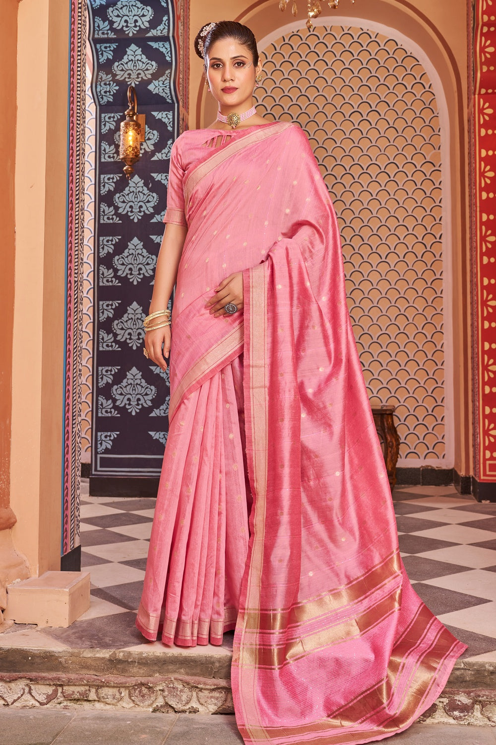 Rose Pink Cotton Saree With Zari Weaving Work