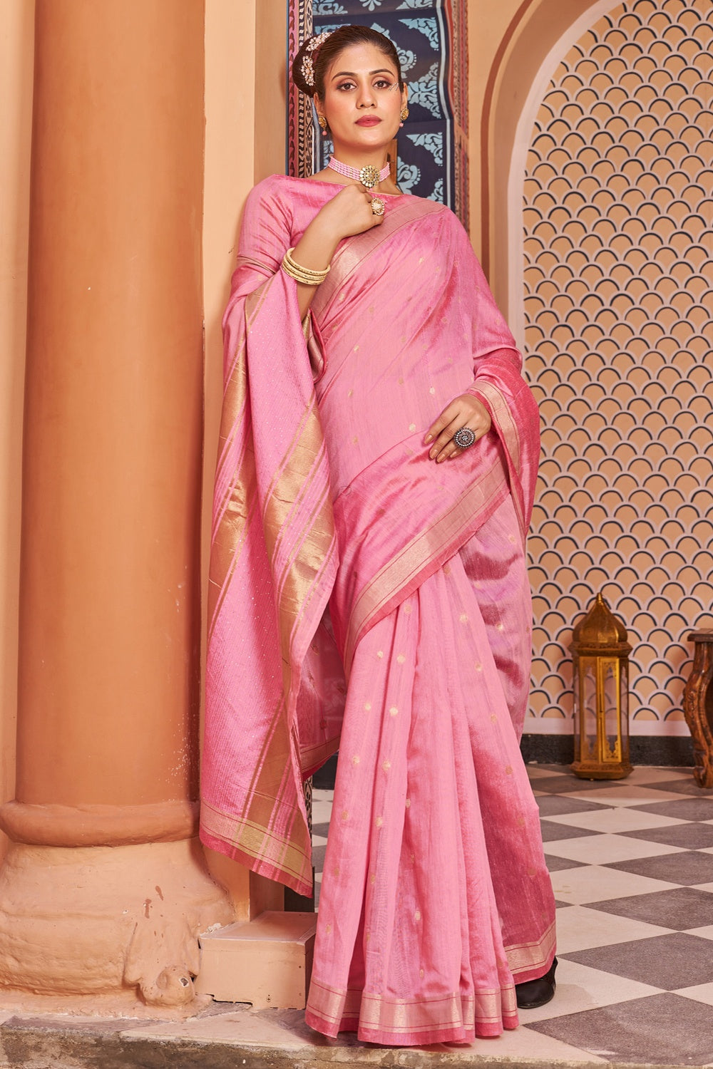 Rose Pink Cotton Saree With Zari Weaving Work