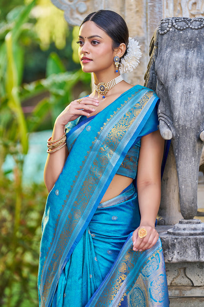 Cyan Blue Banarasi Silk Saree With Weaving Work