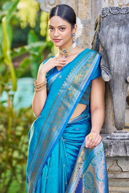 Cyan Blue Banarasi Silk Saree With Weaving Work