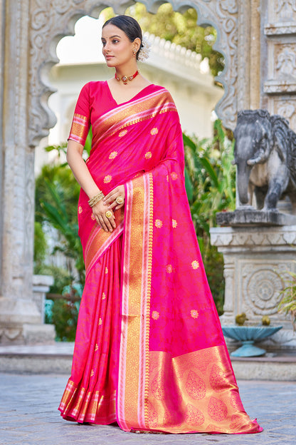 Pink Banarasi Silk Saree With Weaving Work