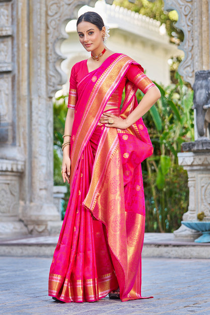 Pink Banarasi Silk Saree With Weaving Work