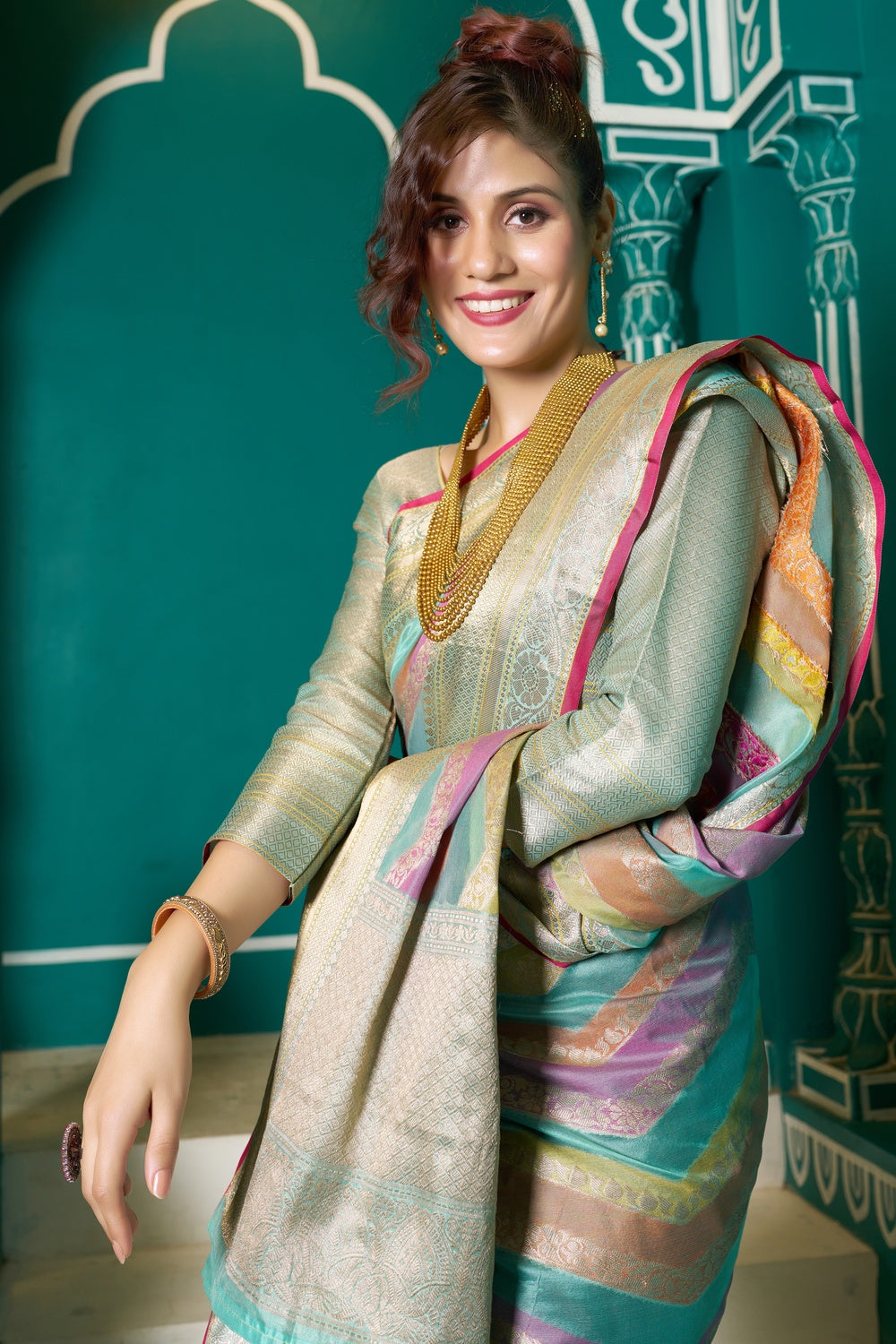 Multi Colour Organza Saree With Zari Weaving Work