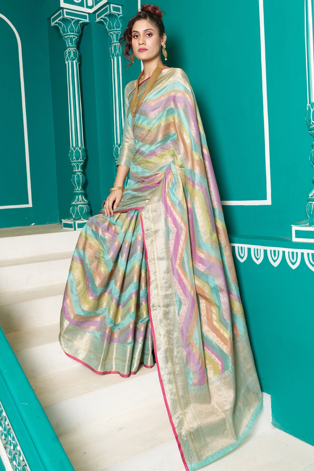 Multi Colour Organza Saree With Zari Weaving Work