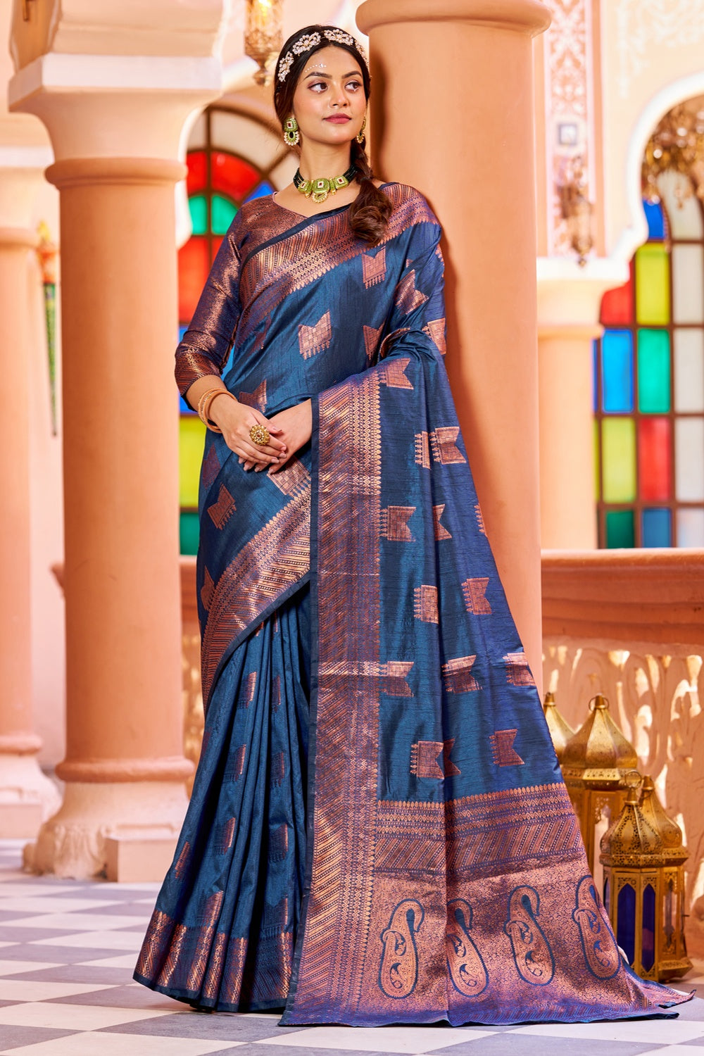 Blue Kathan Silk Saree With Zari Weaving Work