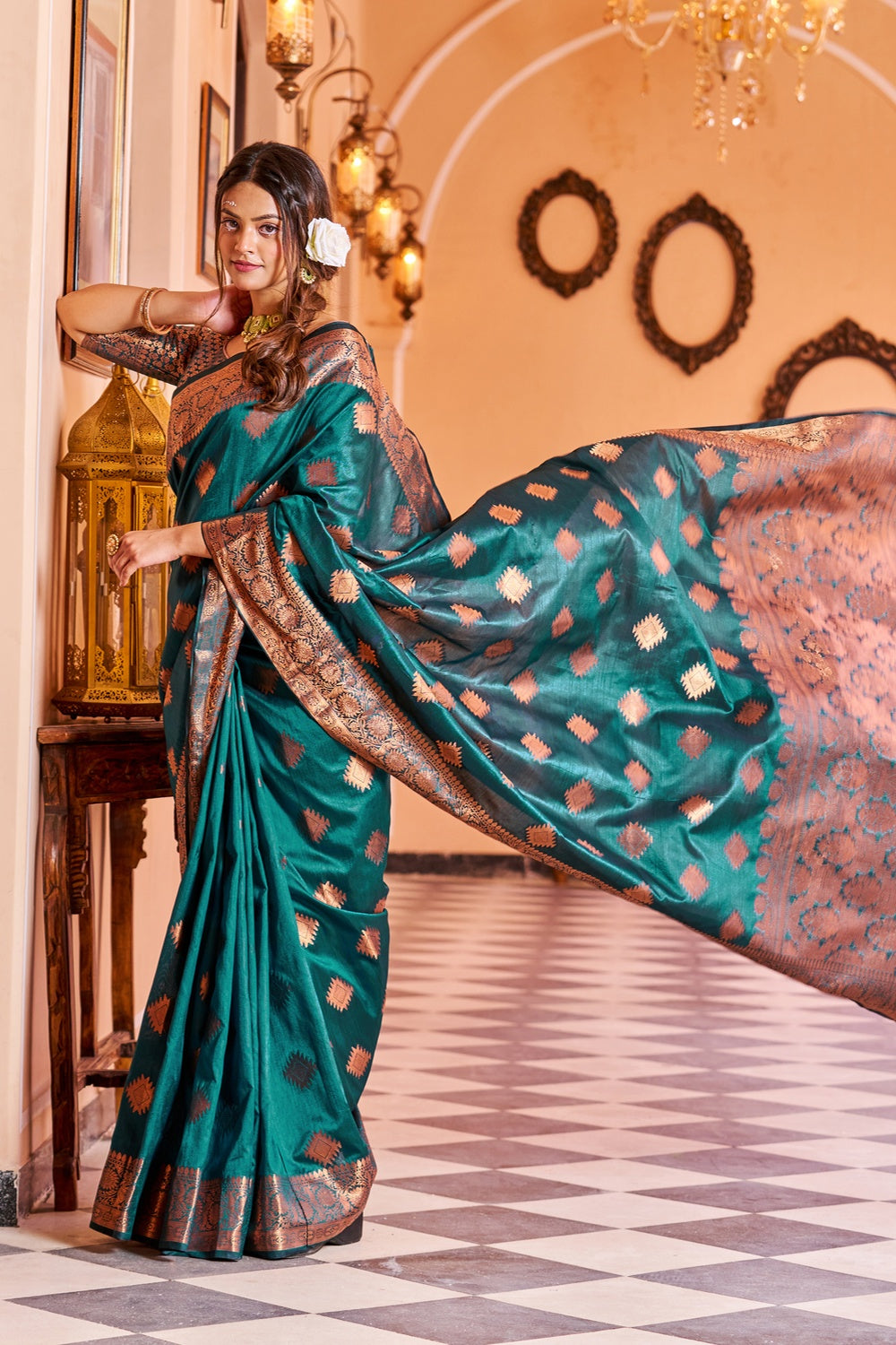 Teal Blue Kathan Silk Saree With Zari Weaving Work