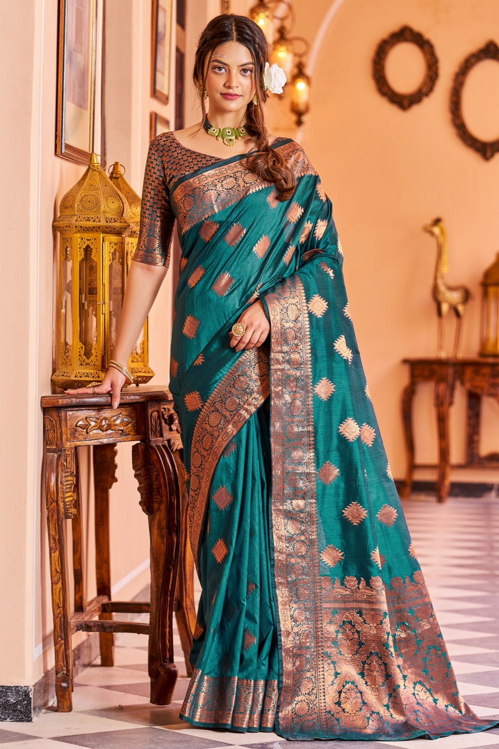 Teal Blue Kathan Silk Saree With Zari Weaving Work