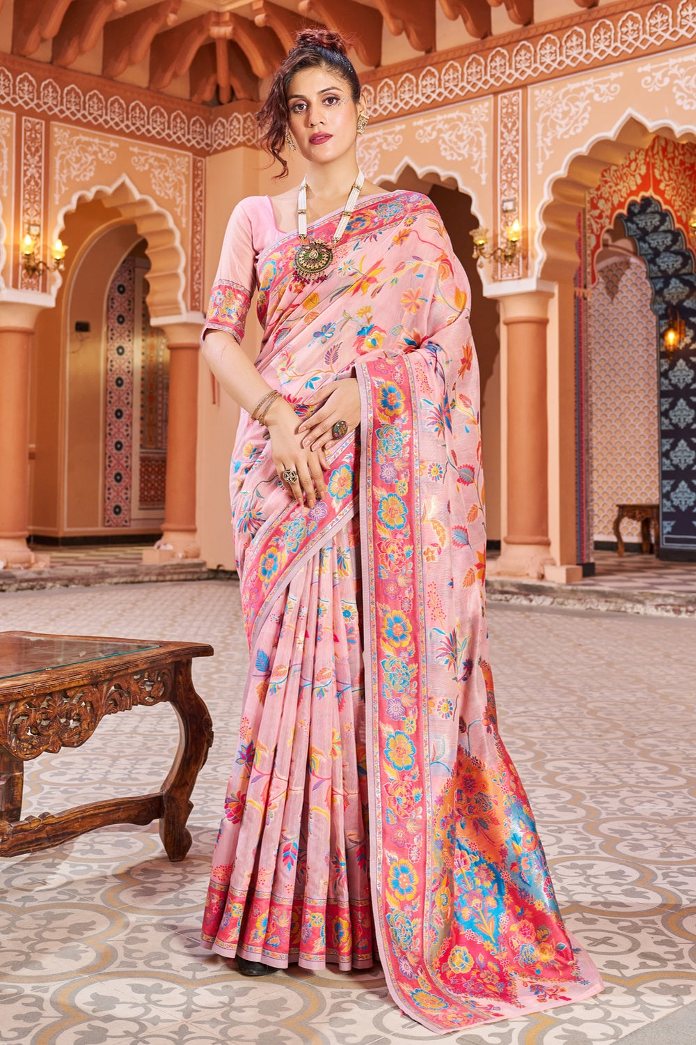 Baby Pink Kashmiri Handloom Silk Saree