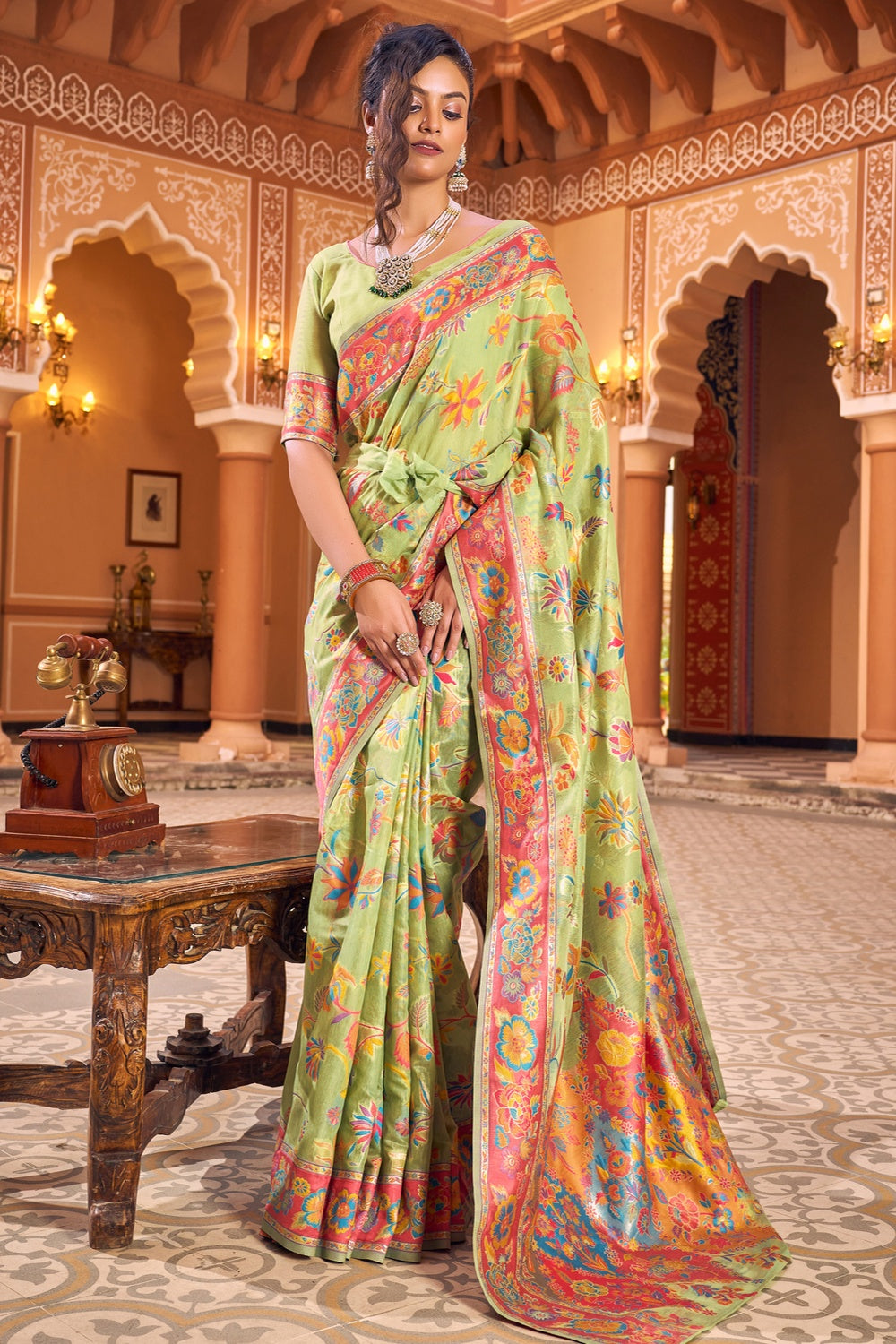 Perrot Green Kashmiri Handloom Silk Saree