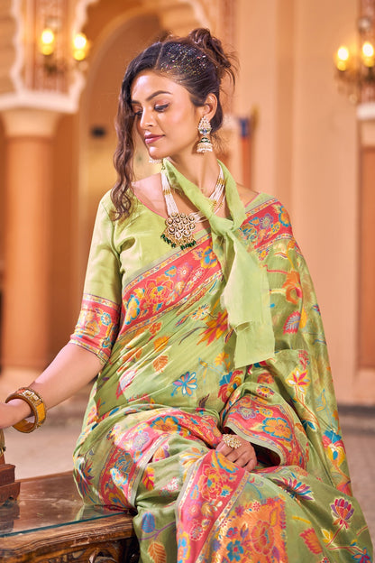 Perrot Green Kashmiri Handloom Silk Saree