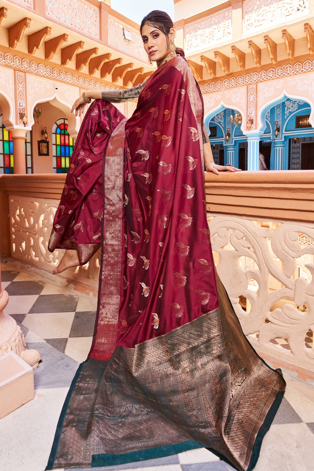 Burgundy Maroon Soft Silk Saree With Zari Weaving Work