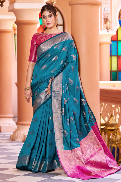 Rama Blue Soft Silk Saree With Zari Weaving Work