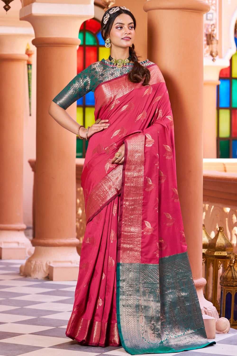 Hot Pink Soft Silk Saree With Zari Weaving Work