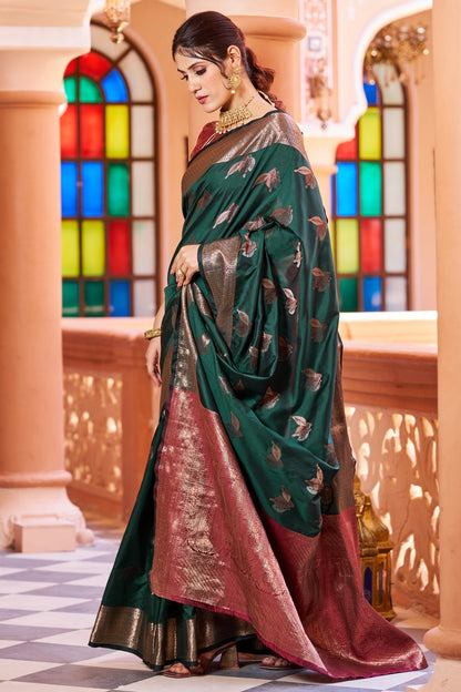 Dark Green Soft Silk Saree With Zari Weaving Work