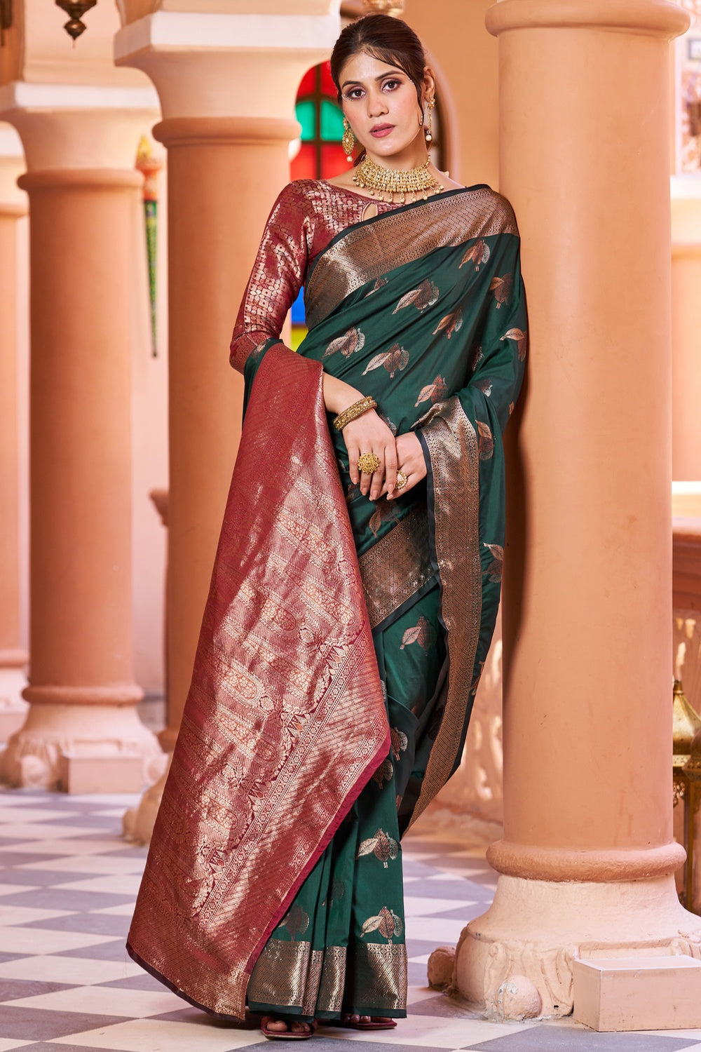 Dark Green Soft Silk Saree With Zari Weaving Work