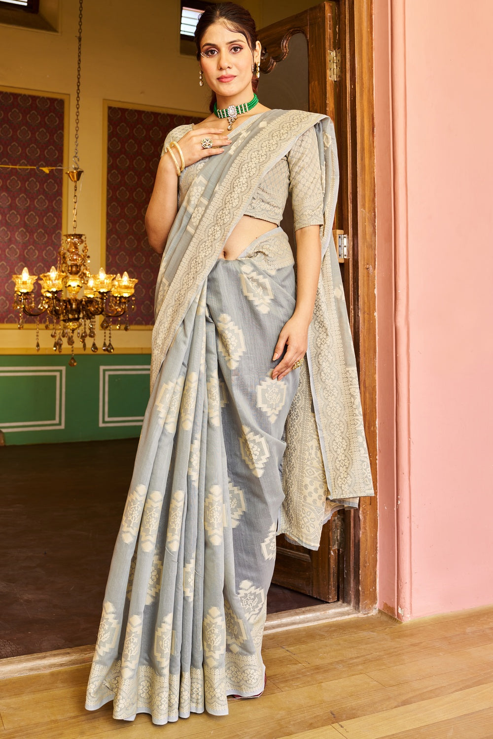 Pastel Gray Cotton Saree With Lucknowi Weaving Work