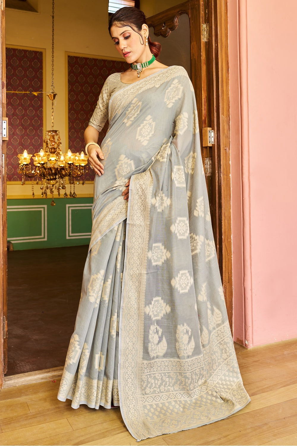 Pastel Gray Cotton Saree With Lucknowi Weaving Work