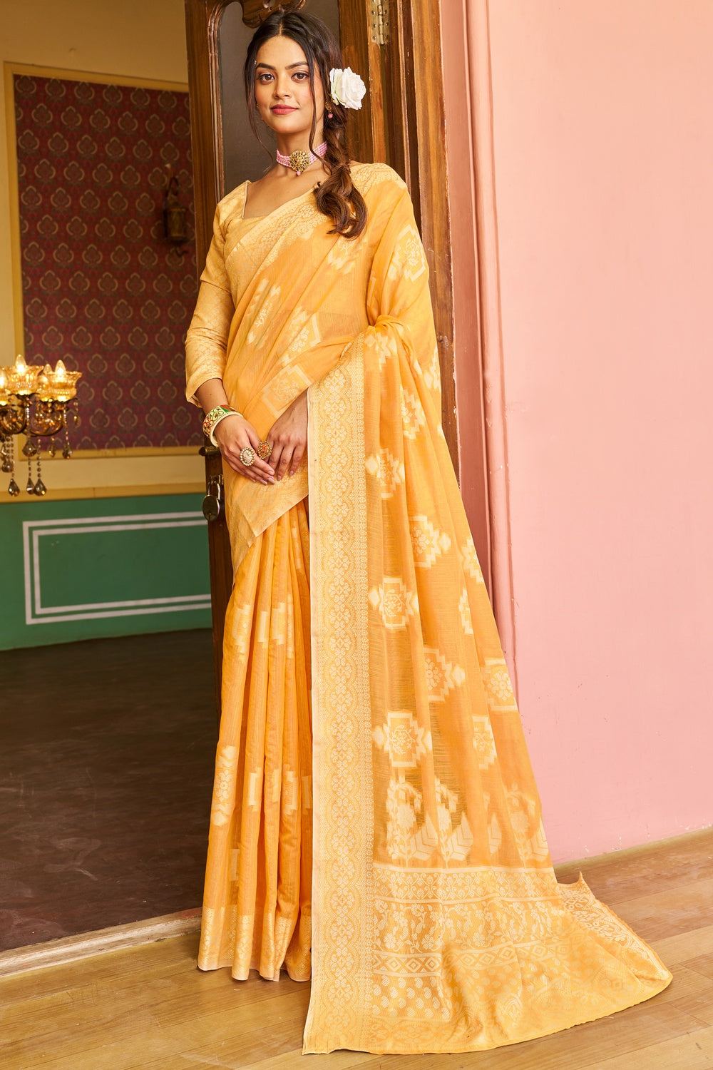 Yellow Cotton Saree With Lucknowi Weaving Work