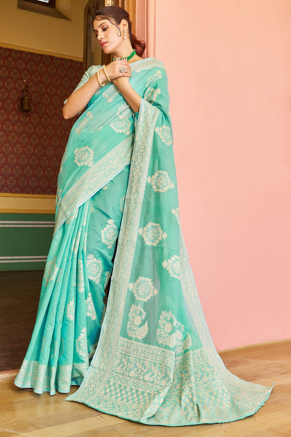 Cyan Blue Cotton Saree With Lucknowi Weaving Work