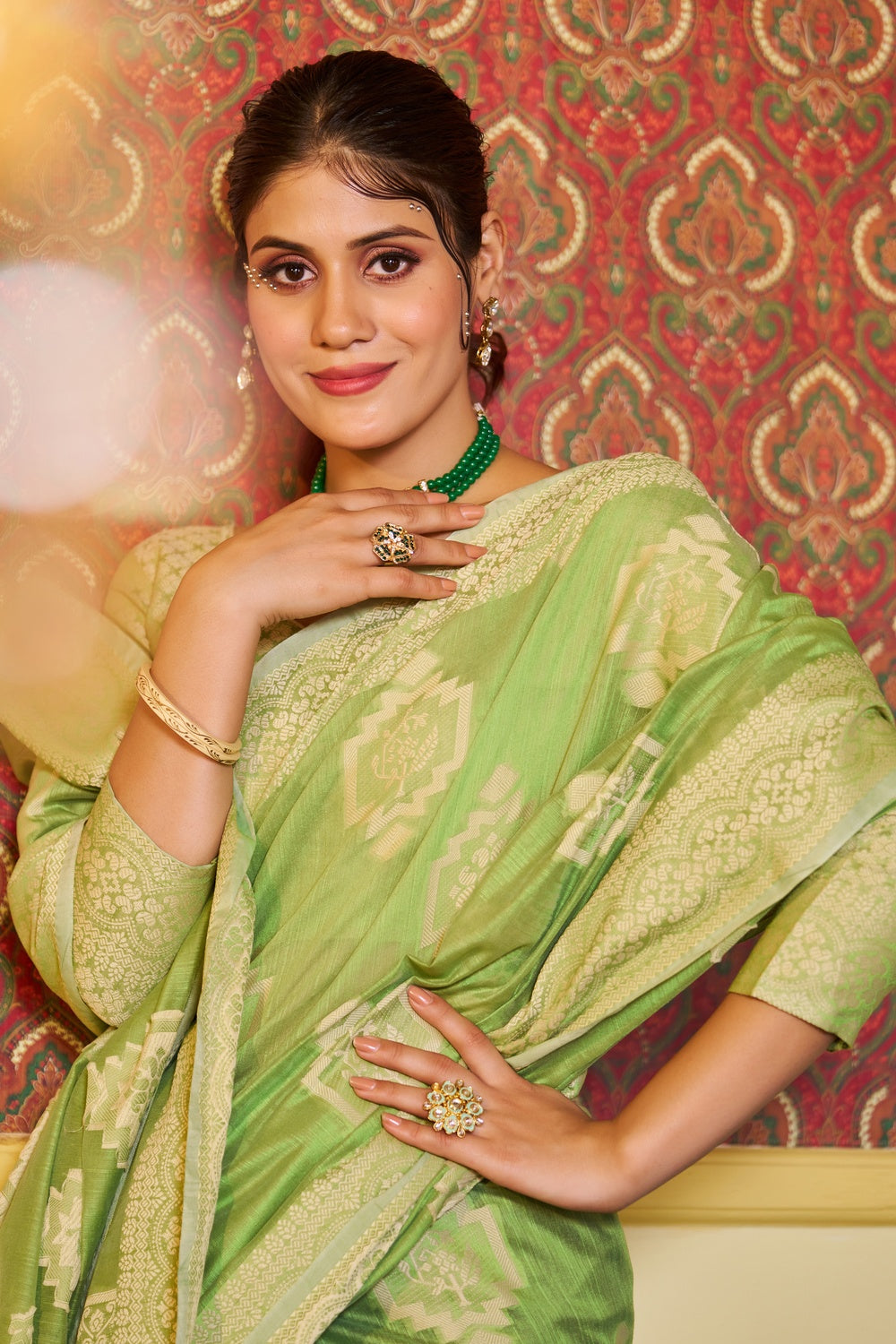 Light Green Cotton Saree With Lucknowi Weaving Work