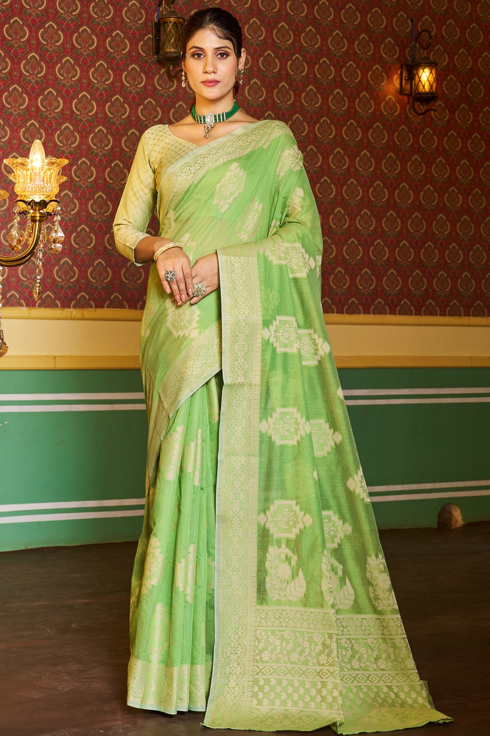 Light Green Cotton Saree With Lucknowi Weaving Work
