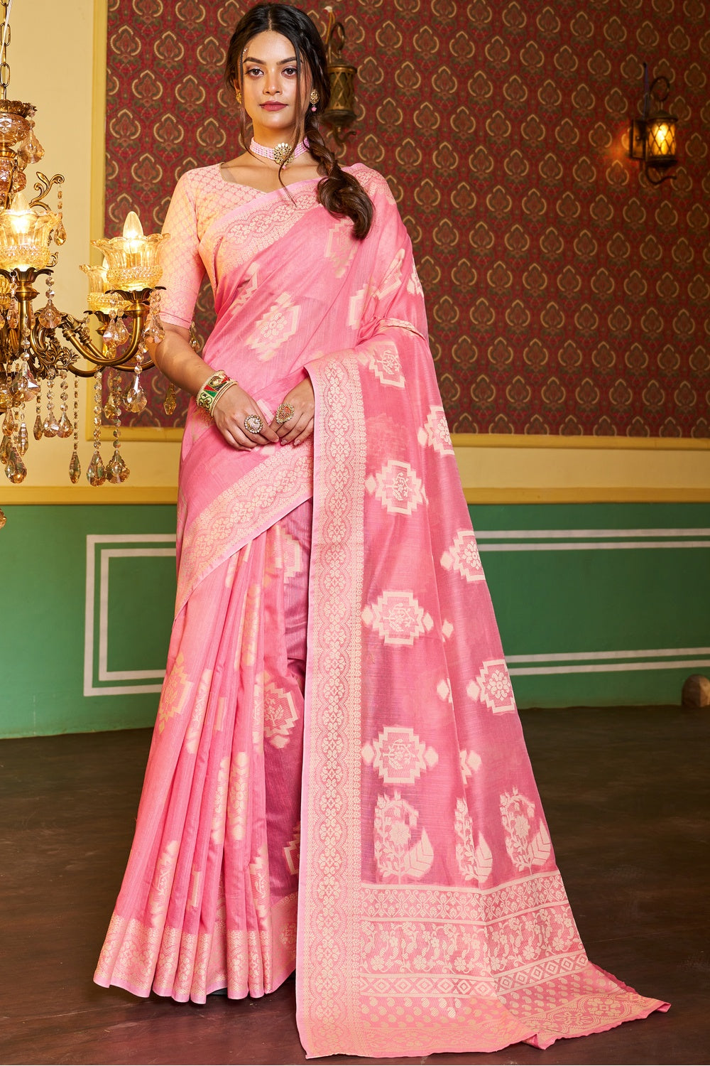 Flamingo Pink Cotton Saree With Lucknowi Weaving Work