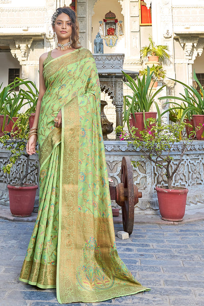 Pista Green Pashmina Saree With Weaving Work