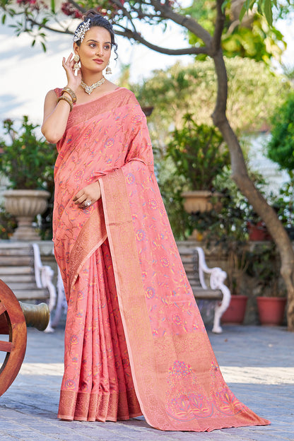 Rose Pink Pashmina Saree With Weaving Work
