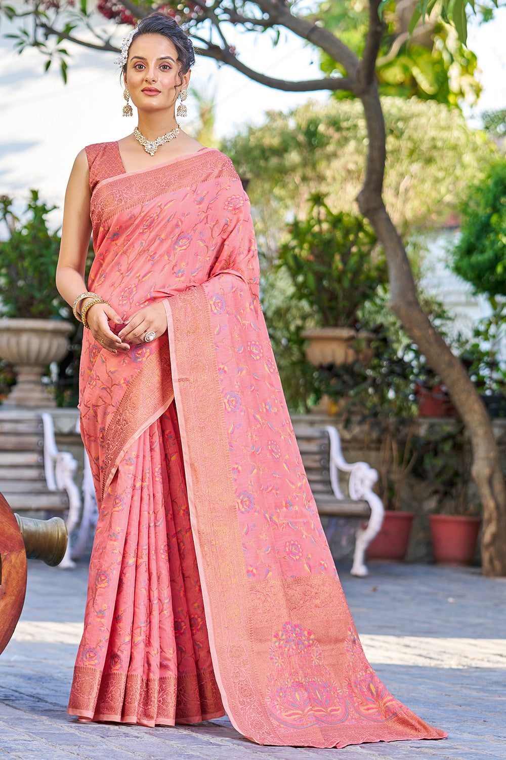Rose Pink Pashmina Saree With Weaving Work