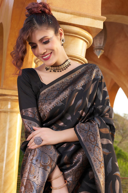 Black Soft Silk Saree With Zari Weaving Work