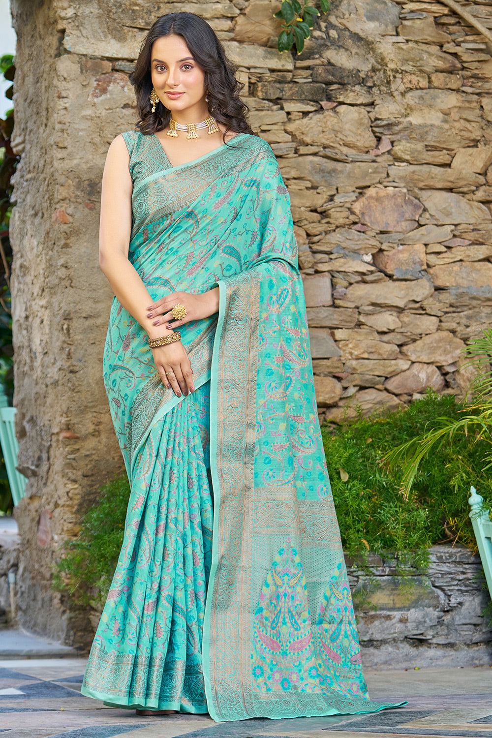 Sky Blue Pashmina Saree With Weaving Work