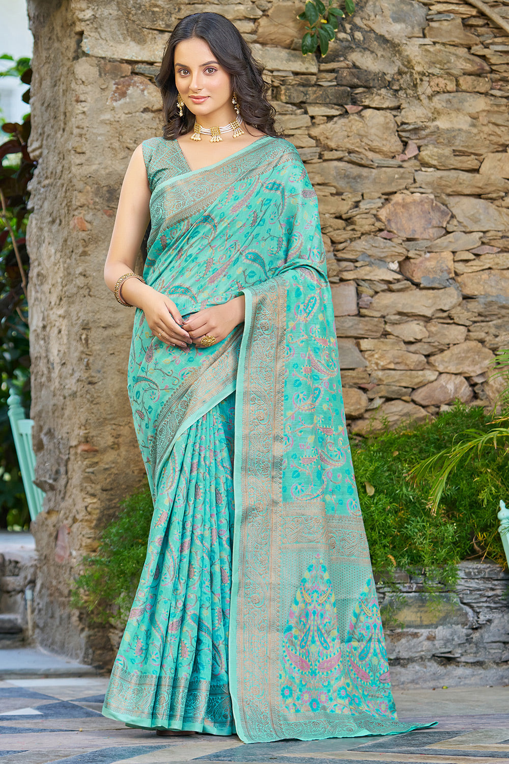 Sky Blue Pashmina Saree With Weaving Work
