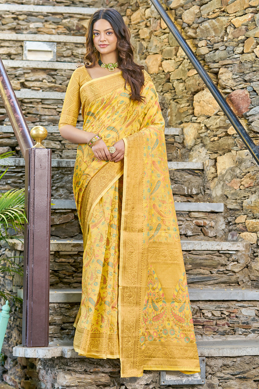 Yellow Pashmina Saree With Weaving Work