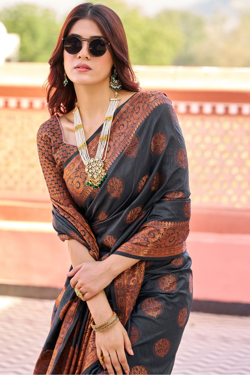 Dark Gray Kathan Silk Saree With Zari Weaving Work
