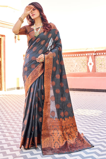 Dark Gray Kathan Silk Saree With Zari Weaving Work