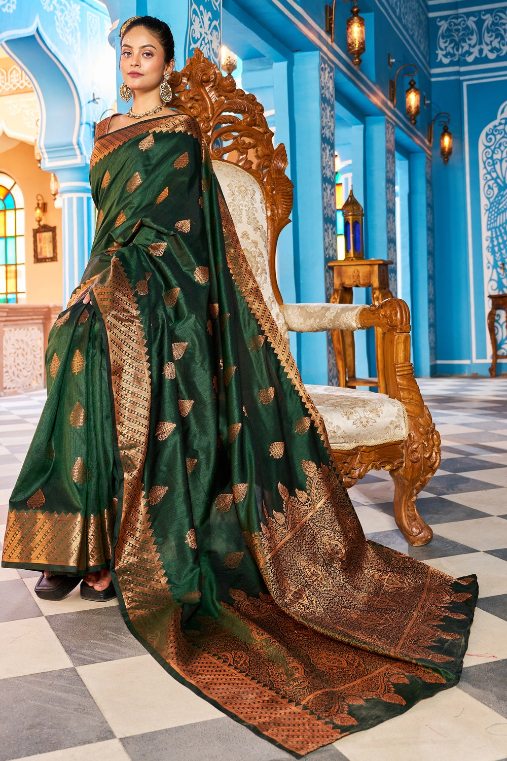 Dark Green Kathan Silk Saree With Zari Weaving Work