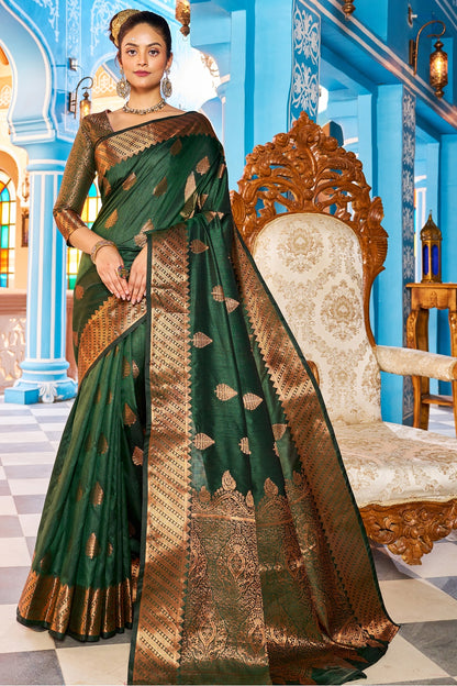 Dark Green Kathan Silk Saree With Zari Weaving Work