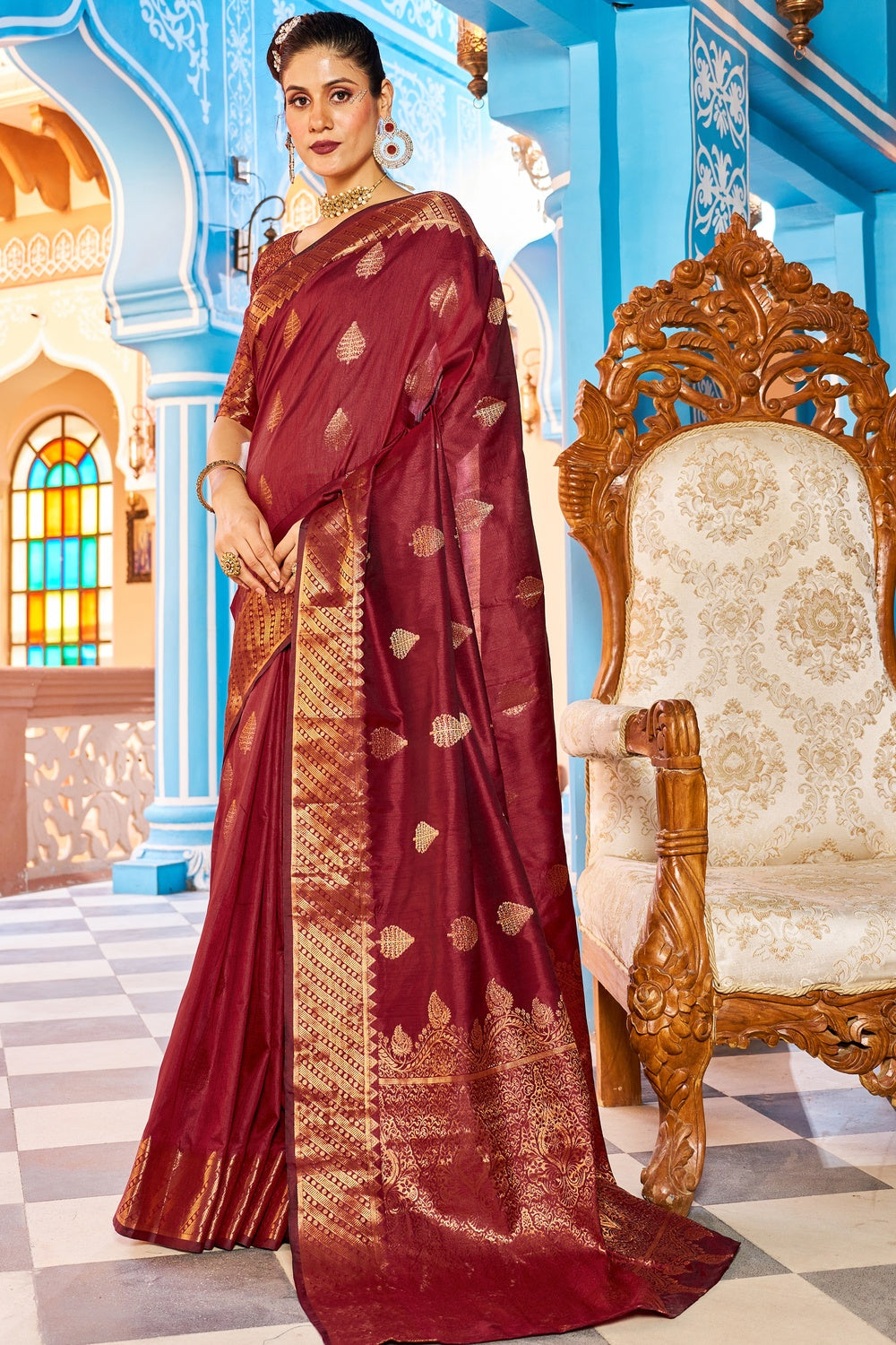 Burgundy Maroon Kathan Silk Saree With Zari Weaving Work