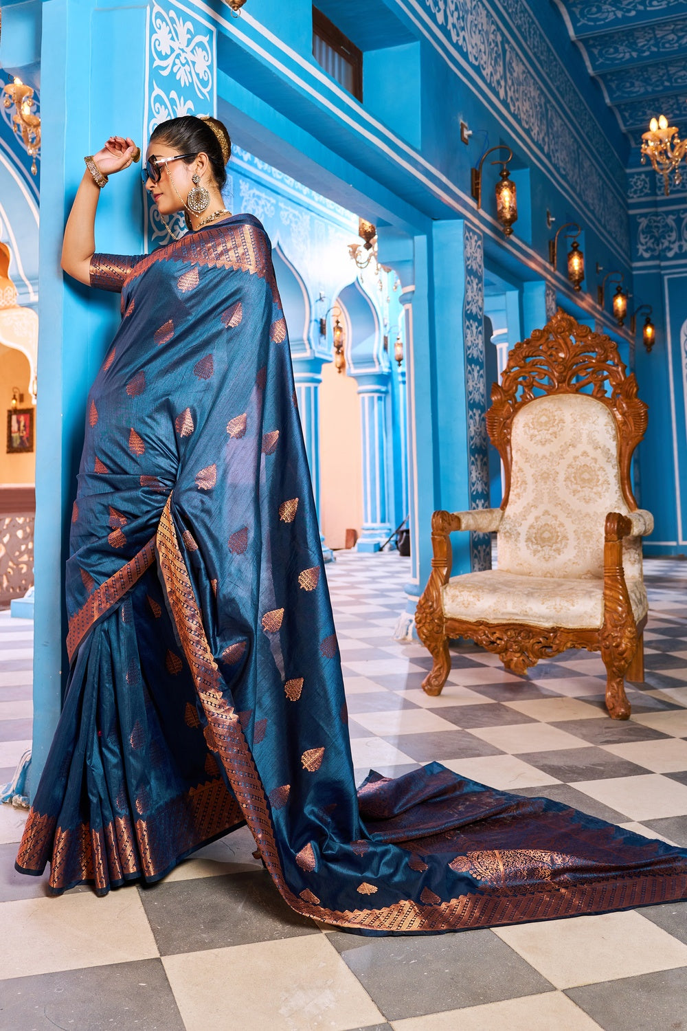 Blue Kathan Silk Saree With Zari Weaving Work