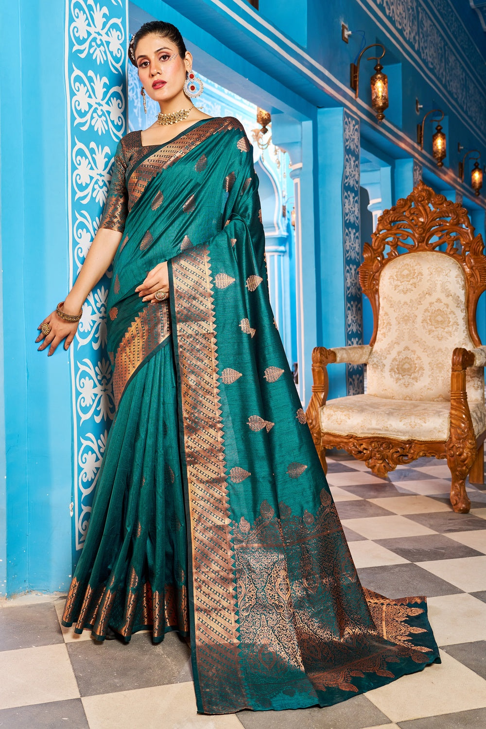 Rama Blue Kathan Silk Saree With Zari Weaving Work